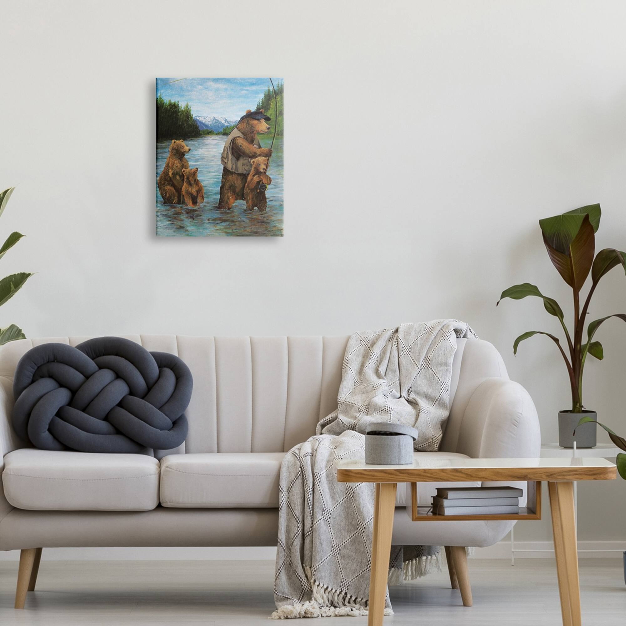 Stupell Industries Brown Grizzly Bear Family Fishing Mountain Lake Landscape Canvas Wall Art